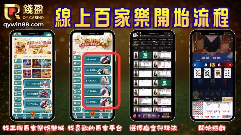 慎選平台：挑選遊戲品質穩定、網友評價優良、長期穩定出金的百家樂娛樂城並註冊 登入遊戲：登入後到真人視訊點選擇百家樂系統，進入後先觀察路子後再選擇廳室，進行挑戰。 遊戲開始：給玩家20秒-60秒的下注時間，這時玩家們可以透過牌路規律進行百家樂預測並下注。 發牌流程：荷官抽出4張撲克牌，並依序閒⭢莊⭢閒⭢莊，分別發給莊家2張、閒家2張。