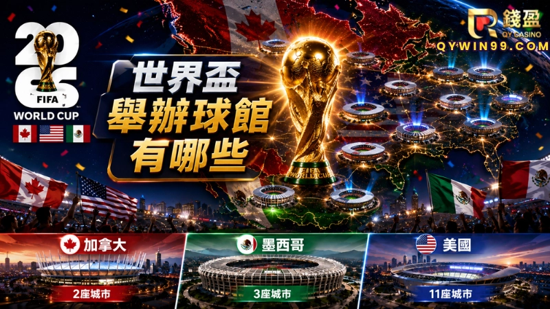 加拿大(2座城市):溫哥華:卑詩體育館 (BC Place)、多倫多:BMO體育場 (BMO Field)。 墨西哥(3座城市):墨西哥城:阿茲特克體育場 (Estadio Azteca)、瓜達拉哈拉:阿克倫體育場 (Estadio Akron)、蒙特雷:BBVA體育場 (Estadio BBVA)